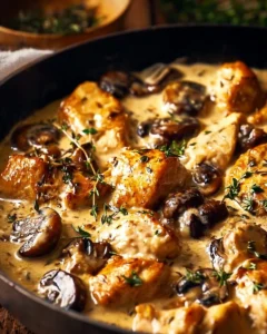 Dijon Mushroom Cream Chicken served with herbs and spices on a plate.
