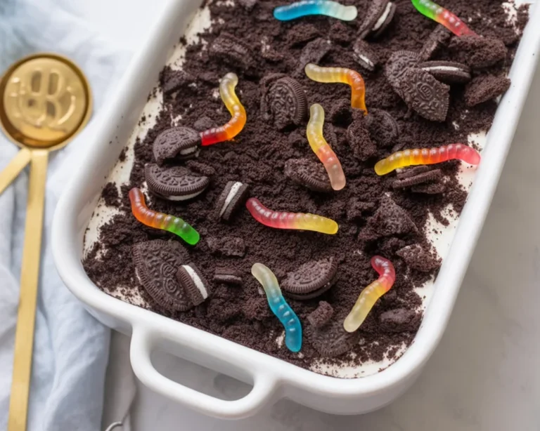 Delicious dirt cake made with Oreo cookies, creamy filling, and gummy worms.