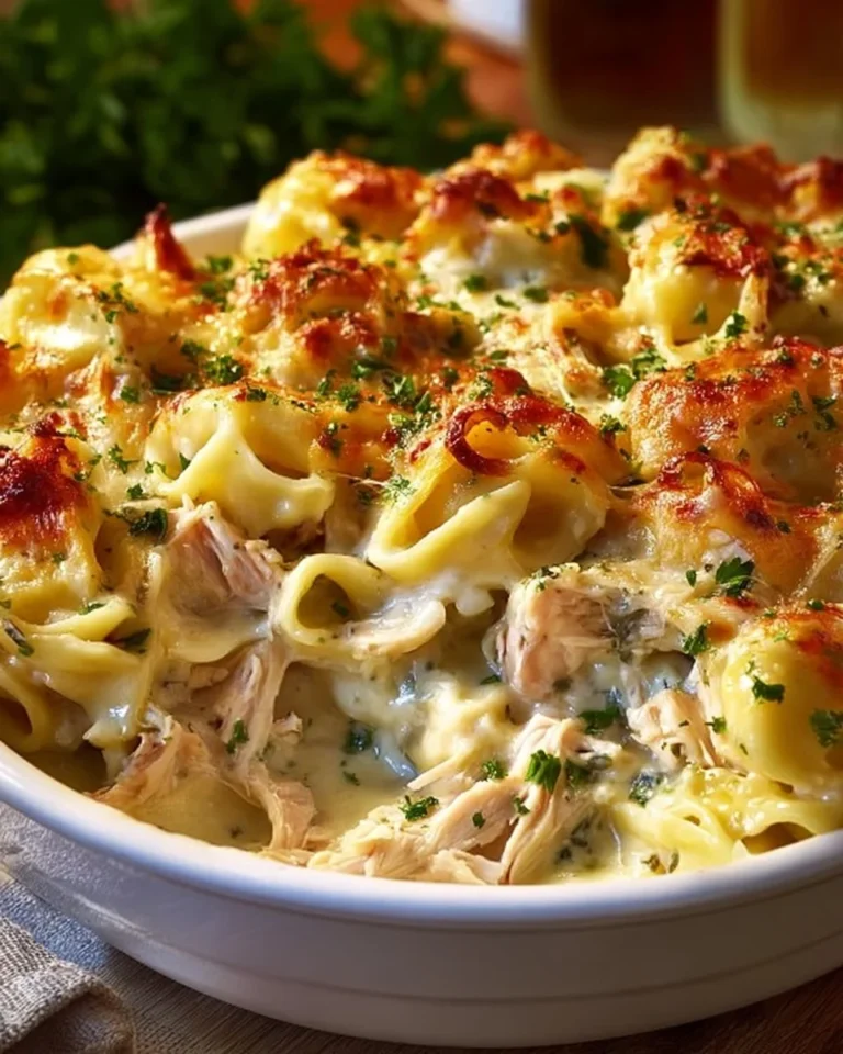 Dump-and-Bake Chicken Alfredo Tortellini Casserole served in a baking dish