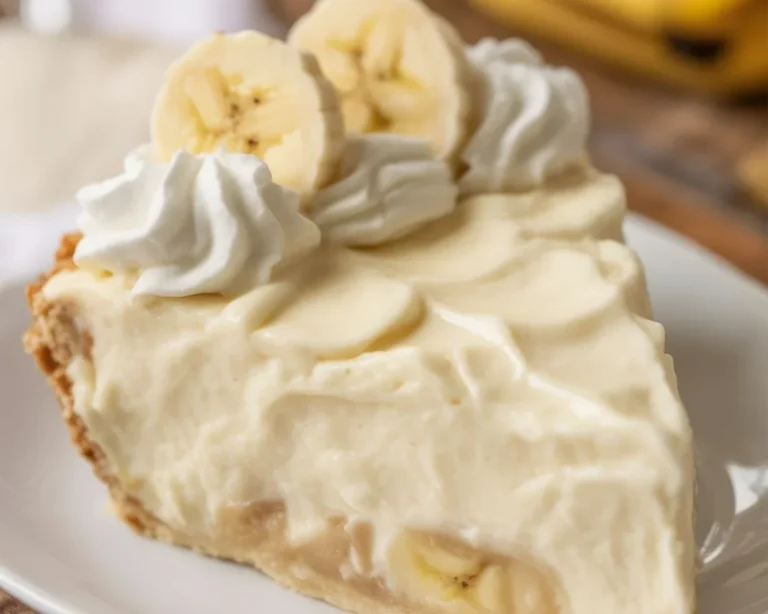 Delicious homemade banana cream pie with layers of custard and ripe bananas