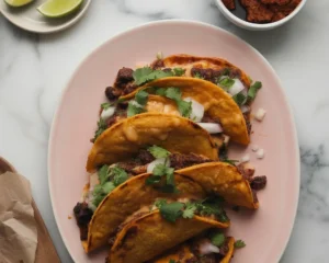 Delicious birria tacos made with slow-cooked beef and served with savory dipping sauce.