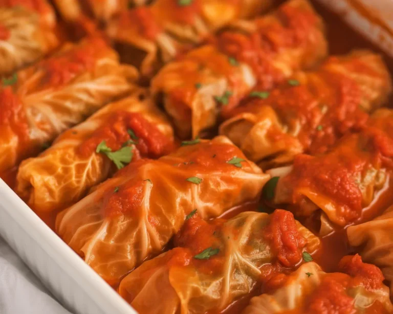 Delicious homemade cabbage rolls filled with ground beef and rice, served with sauce.