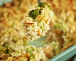 Delicious chicken casserole ready to serve with a golden crust and melted cheese.