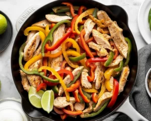 Plate of easy chicken fajitas with grilled chicken, colorful peppers, and lime
