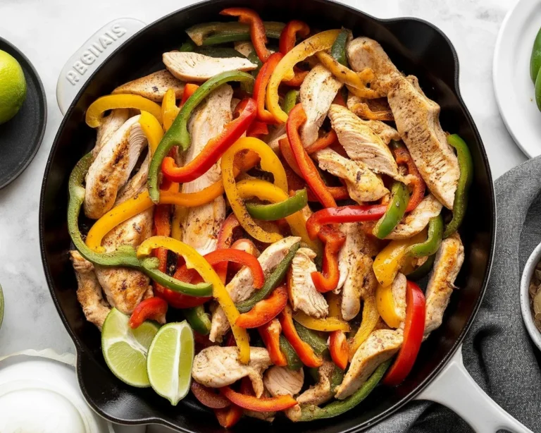 Plate of easy chicken fajitas with grilled chicken, colorful peppers, and lime