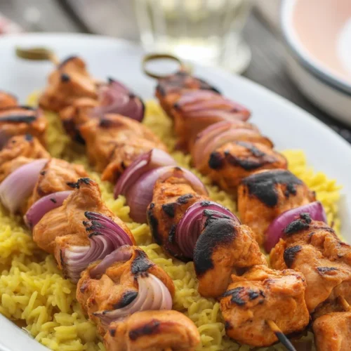 Grilled chicken kebabs served with fresh vegetables and herbs.