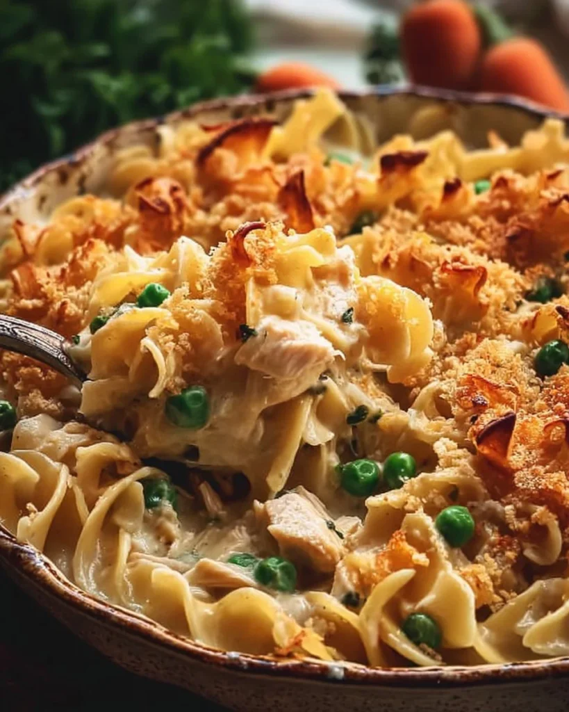 Baked easy chicken noodle casserole topped with crispy breadcrumbs.