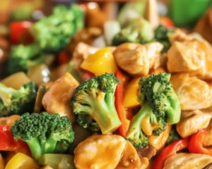 Delicious chicken stir fry with fresh vegetables and honey soy sauce
