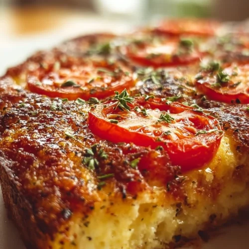 Delicious crustless tomato pie garnished with fresh herbs and cheese