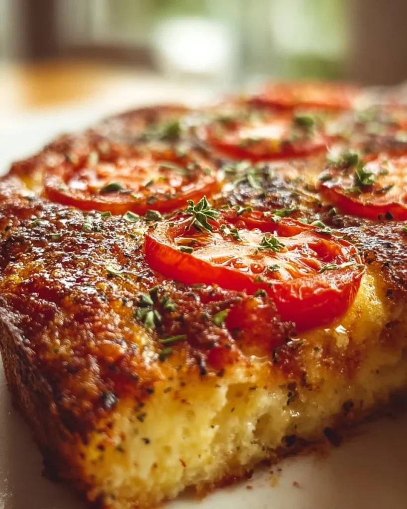 Delicious crustless tomato pie garnished with fresh herbs and cheese