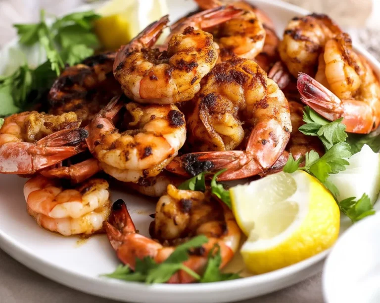Delicious grilled shrimp with lemon and garlic served on a platter.