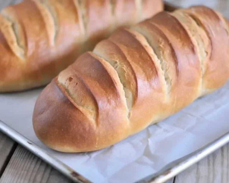 Homemade French bread loaf, golden crust, soft and fluffy interior.