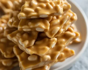 Homemade peanut brittle made with sugar and roasted peanuts on a wooden table.