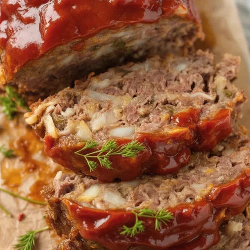 Delicious homemade meatloaf served with a sweet tangy glaze and mashed potatoes.
