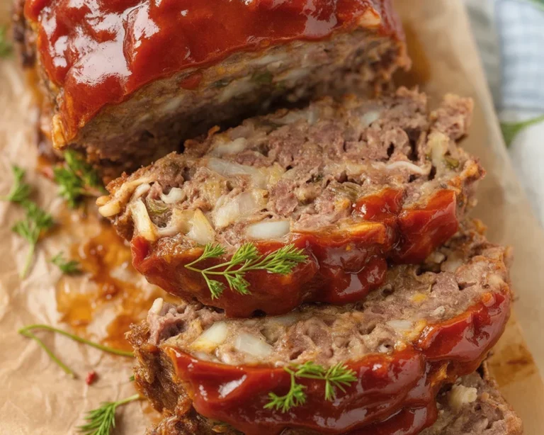 Delicious homemade meatloaf served with a sweet tangy glaze and mashed potatoes.
