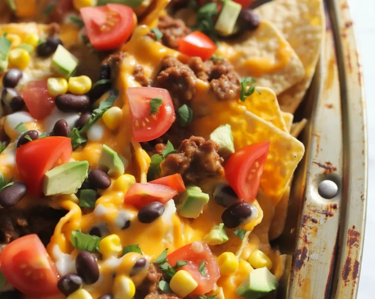 Delicious loaded nachos with melted cheese, beef, and fresh toppings ready to serve.