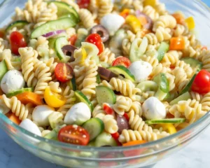 Colorful pasta salad with fresh vegetables and dressing, perfect for summer meals.