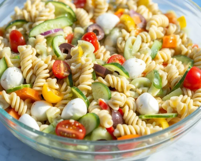 Colorful pasta salad with fresh vegetables and dressing, perfect for summer meals.