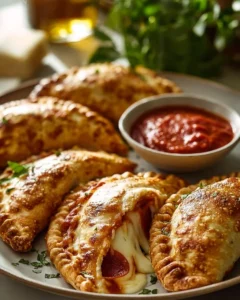 Easy pizza calzones stuffed with pepperoni and melted mozzarella cheese