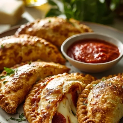 Easy pizza calzones stuffed with pepperoni and melted mozzarella cheese