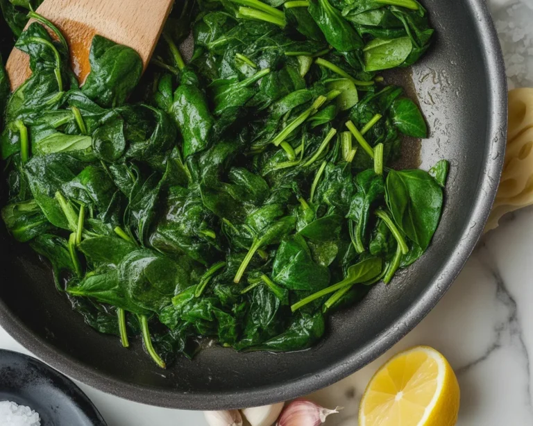 Sautéed spinach recipe with garlic and lemon in a pan.