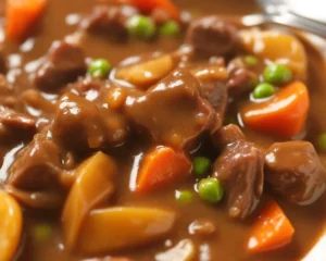 Delicious homemade beef stew in a crock pot with tender beef, potatoes, and vegetables.