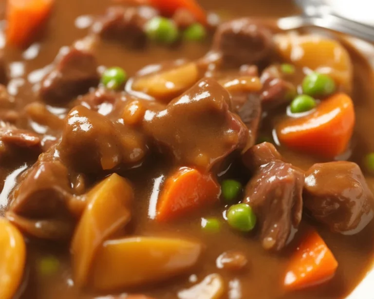 Delicious homemade beef stew in a crock pot with tender beef, potatoes, and vegetables.