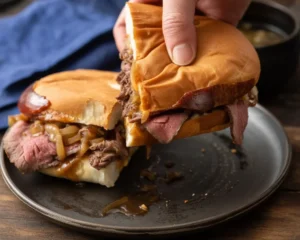 Delicious French dip sandwich with roast beef, melted provolone cheese, and savory au jus.