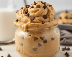 Delicious edible cookie dough made with flour, butter, and chocolate chips, ready to enjoy.
