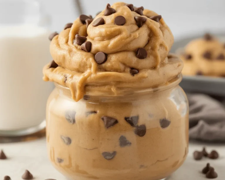 Delicious edible cookie dough made with flour, butter, and chocolate chips, ready to enjoy.