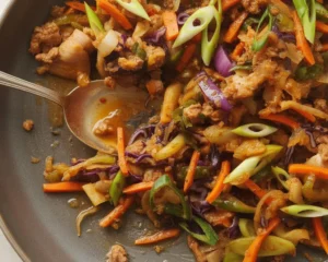 Delicious egg roll in a bowl recipe with ground meat and vegetables ready in 25 minutes.
