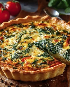 Delicious ricotta spinach quiche served on a plate, perfect for brunch.