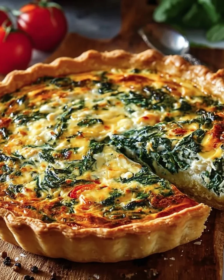 Delicious ricotta spinach quiche served on a plate, perfect for brunch.