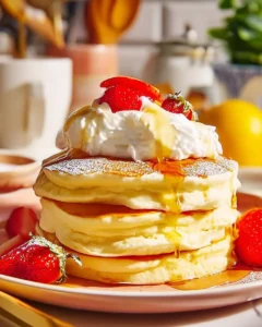 Fluffy lemon soufflé pancakes served with fresh berries and syrup