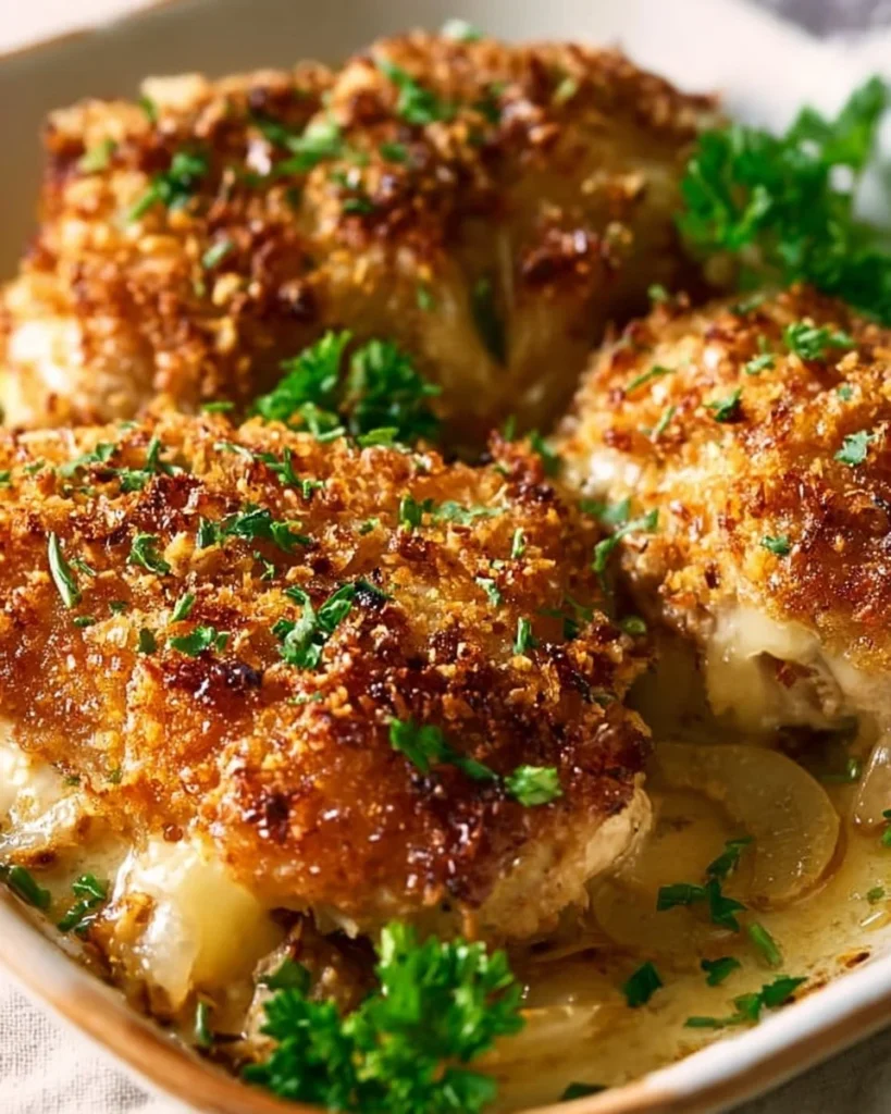 Delicious French onion chicken bake topped with caramelized onions and melted cheese