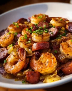 Savory fried cabbage with shrimp, sausage, and bacon served in a skillet.
