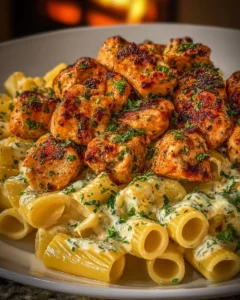 Garlic Butter Chicken Bites served with creamy rigatoni pasta