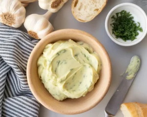 Homemade garlic butter spread with fresh herbs and garlic cloves.