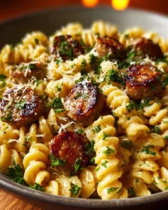 Garlic Butter Sausage Bites served with creamy parmesan pasta on a plate.