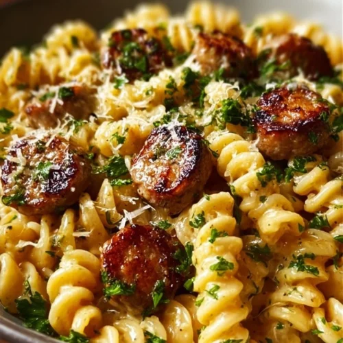 Garlic Butter Sausage Bites served with creamy parmesan pasta on a plate.