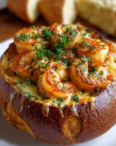 Delicious Garlic Butter Shrimp served in a toasted bread bowl