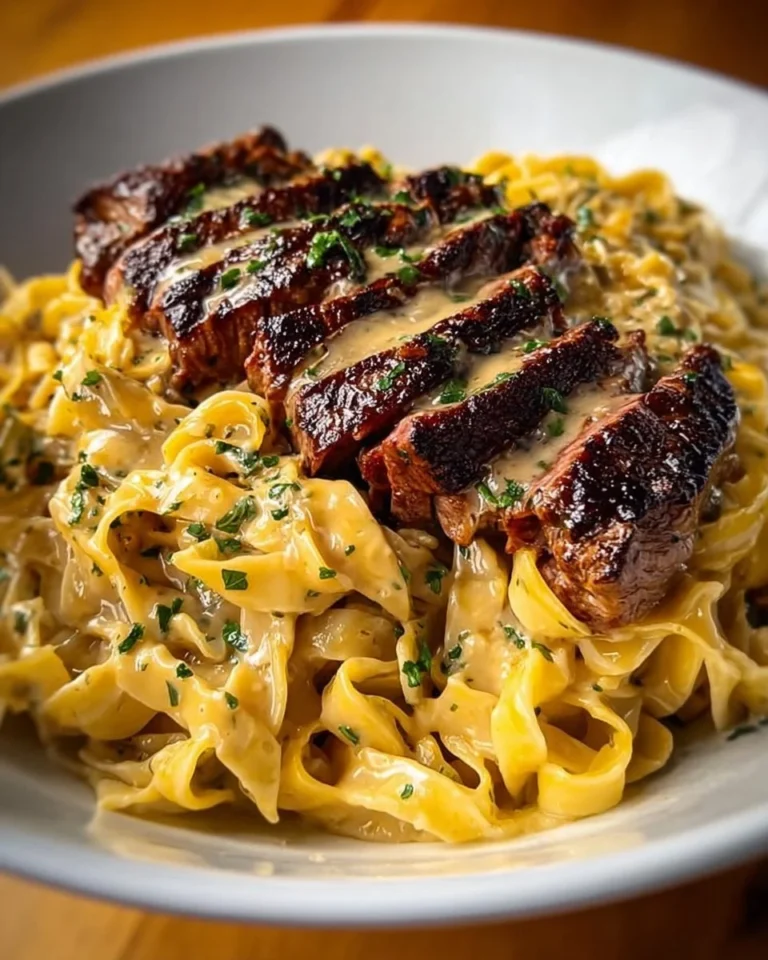 Garlic Butter Steak served with Cheesy Herb Pasta on a plate