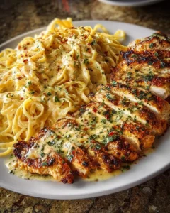 Garlic Parmesan Chicken Spaghetti served in spicy Cajun cream sauce