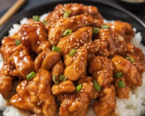 Crispy General Tso's Chicken coated in sweet and savory sauce with garlic and soy sauce.