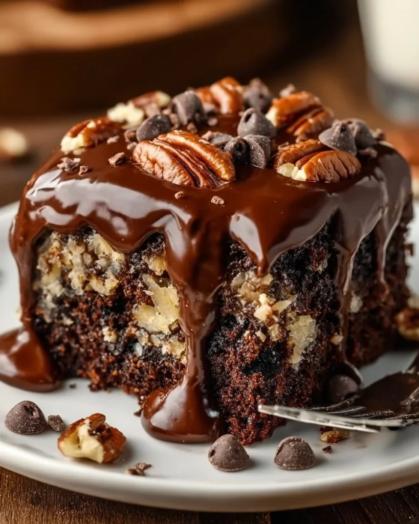Delicious German Chocolate Poke Cake topped with coconut and pecan frosting