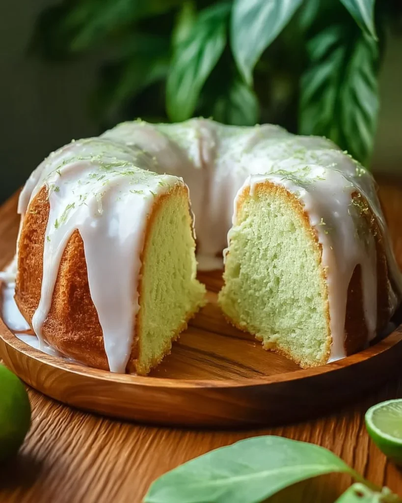 Slice of Gertrude's Key Lime Pound Cake adorned with fresh lime slices.
