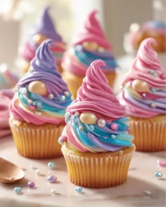Colorful gnome cupcakes decorated with fondant gnomes and sprinkles.