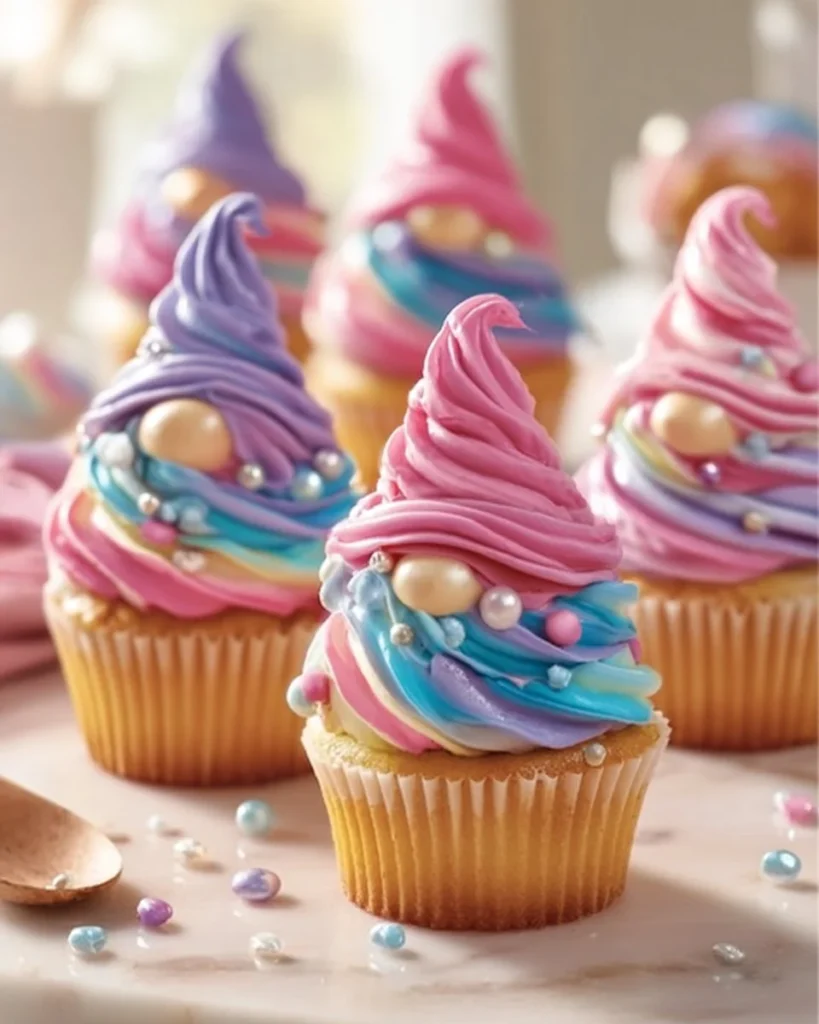 Colorful gnome cupcakes decorated with fondant gnomes and sprinkles.