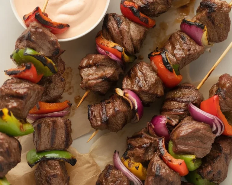 Array of colorful marinated beef kebabs on skewers ready for grilling.
