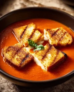 Delicious grilled cheese sandwich served with creamy tomato soup